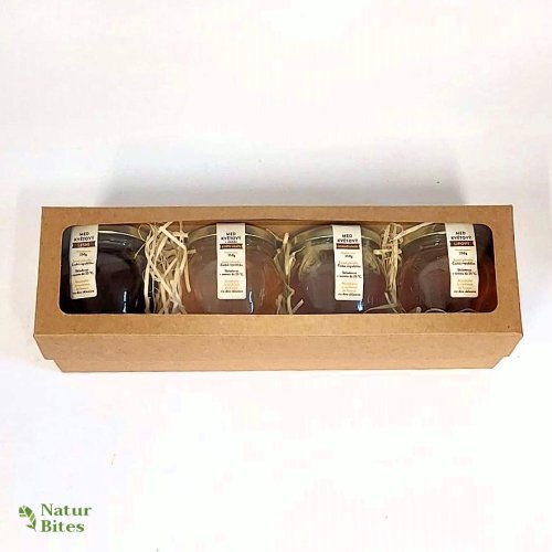 Dárková krabička na 4 medy v balení 250 g, kraft s okénkem